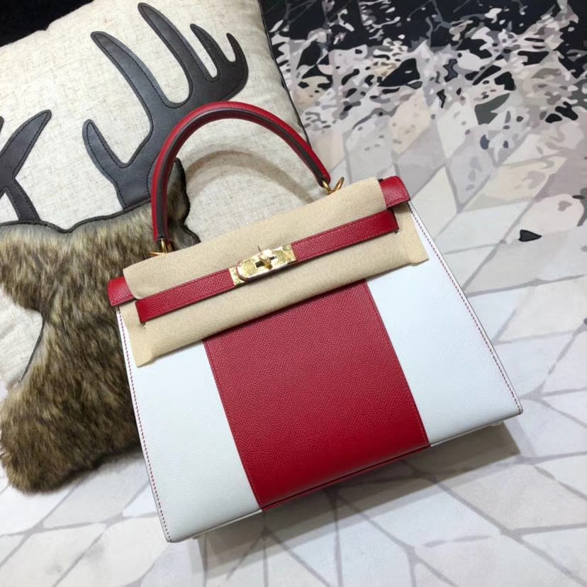 Hermes Kelly28CM 爱马仕拼色凯莉包 大红拼纯白色 掌纹牛皮 金扣