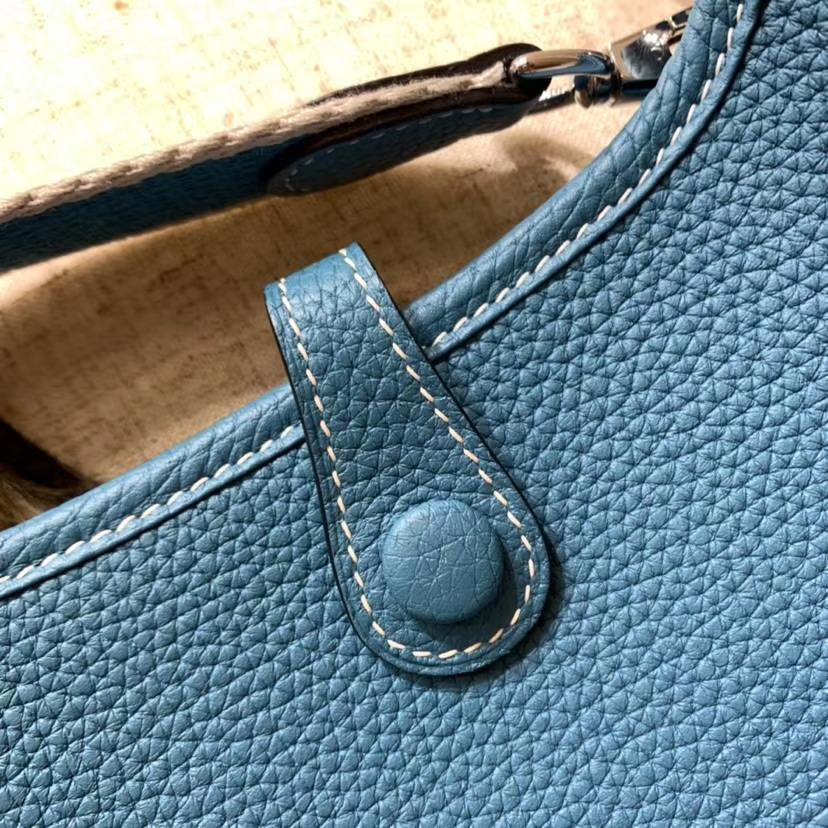Hermes Evelyne17CM 爱马仕牛仔蓝原厂Togo牛皮伊芙林单肩斜挎包包 银扣