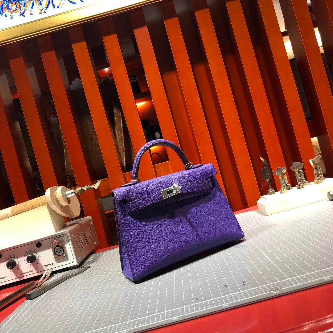 爱马仕手拿包 Hermes Minikelly2代 9W梦幻紫原厂御用山羊皮迷你凯莉包2代 银扣