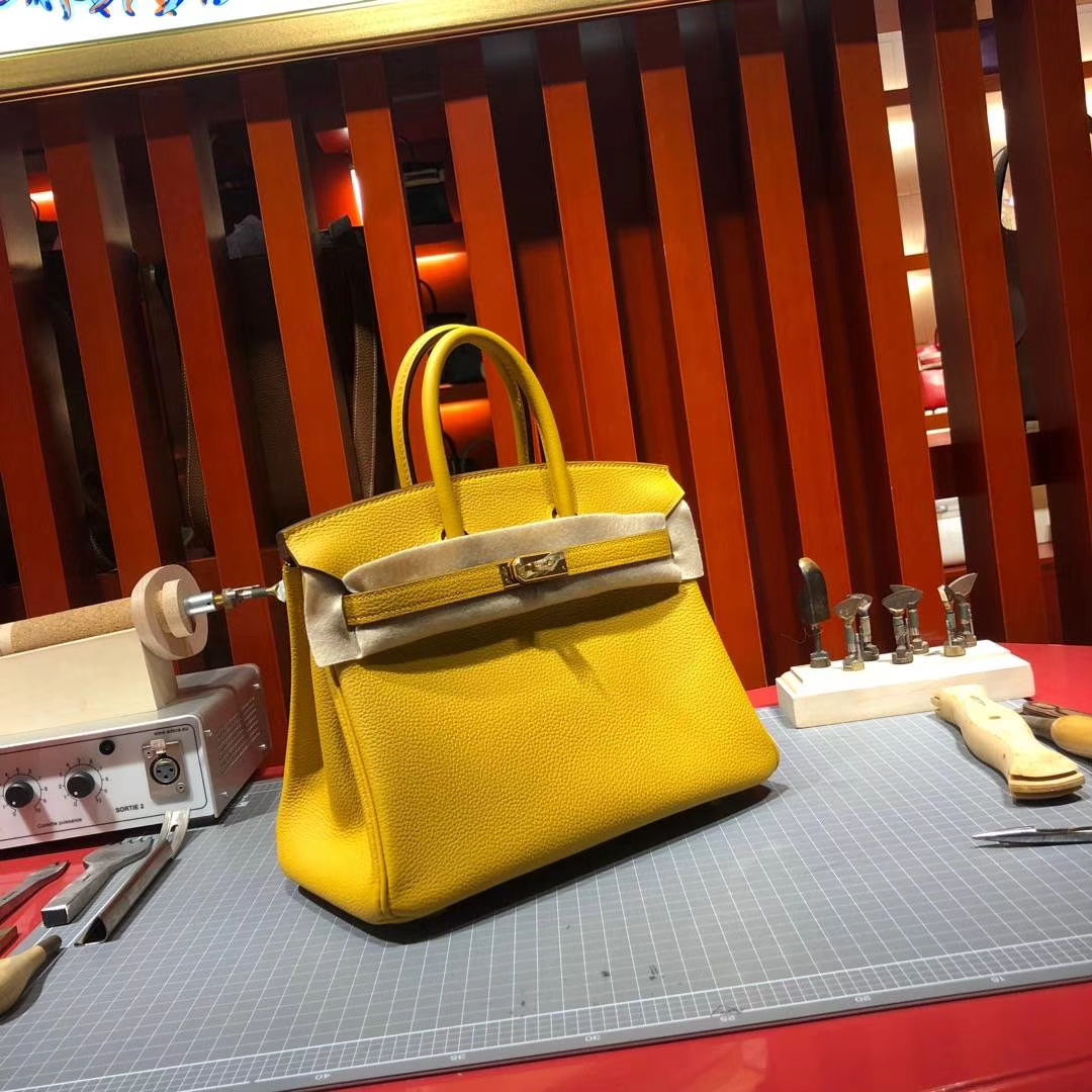 爱马仕铂金包 Hermes Birkin25CM 法国顶级Togo牛皮 18年新色9D琥珀黄 金扣