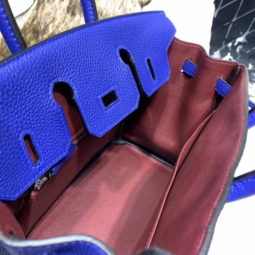 爱马仕新款竖条铂金包 Hermes Birkin25CM 电光蓝Togo牛皮 银扣