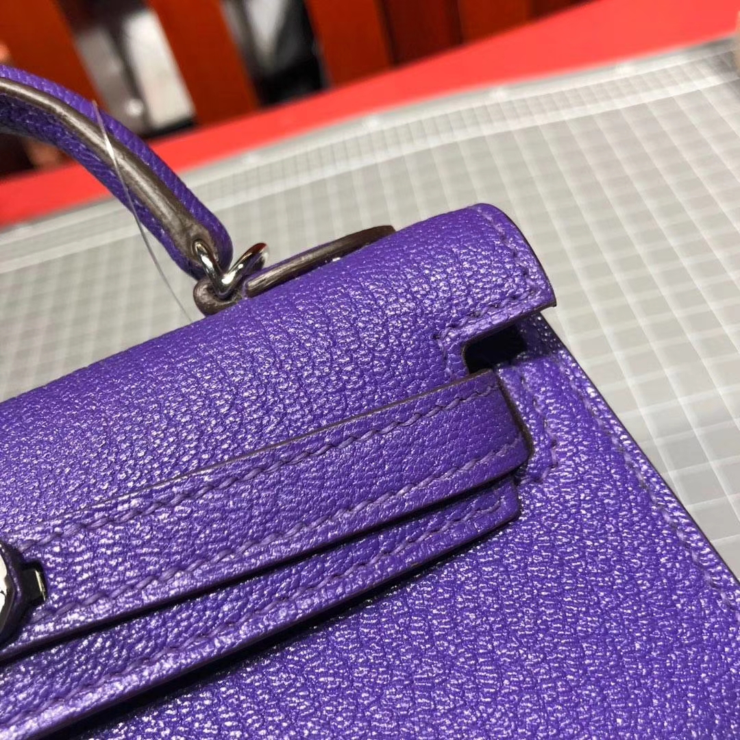 爱马仕手拿包 Hermes Minikelly2代 9W梦幻紫原厂御用山羊皮迷你凯莉包2代 银扣