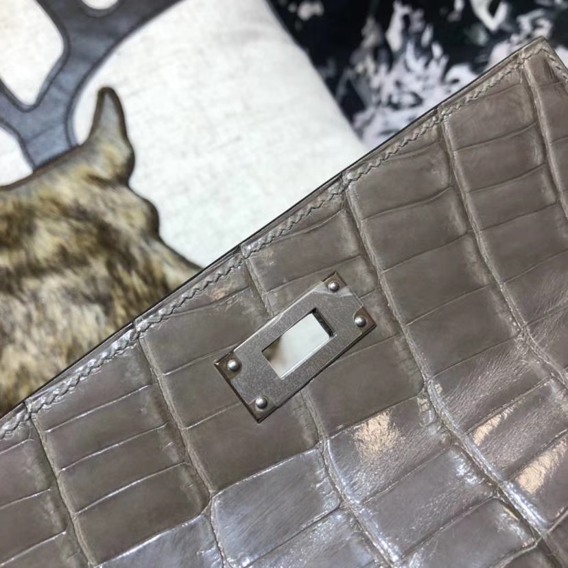 Hermes Kelly28CM 爱马仕大象灰亮光尼罗鳄鱼皮凯莉包外缝 银扣