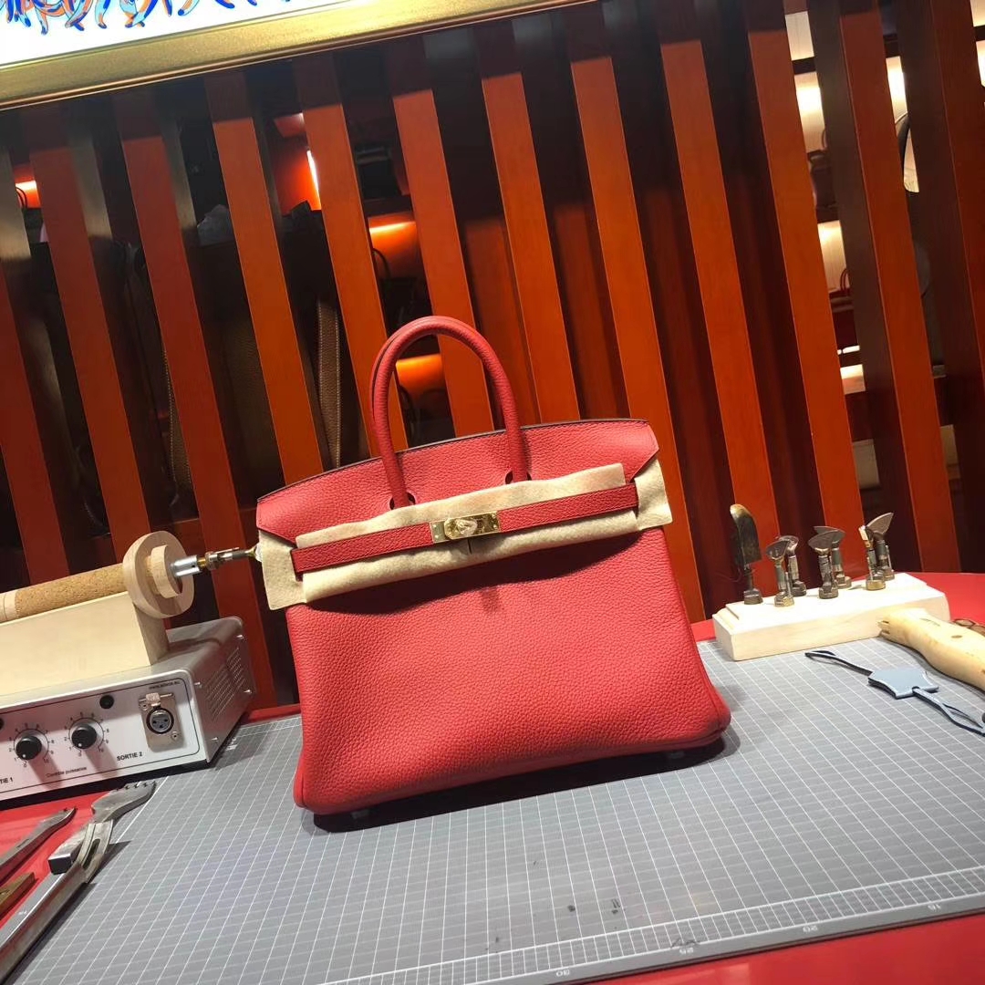 广州包包批发 Hermes爱马仕S5蕃茄红法国顶级荔枝纹牛皮铂金包Birkin25CM 金扣