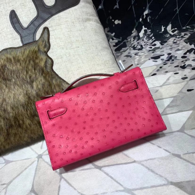 厂家直销 Hermes爱马仕E5玫红色南非鸵鸟皮迷你凯莉包Minikelly Pochette22CM 金扣