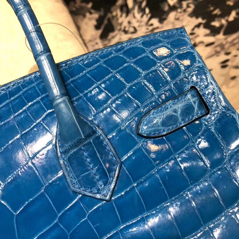 Hermes Birkin30CM 爱马仕希腊蓝亮光尼罗鳄鱼皮铂金包 银扣