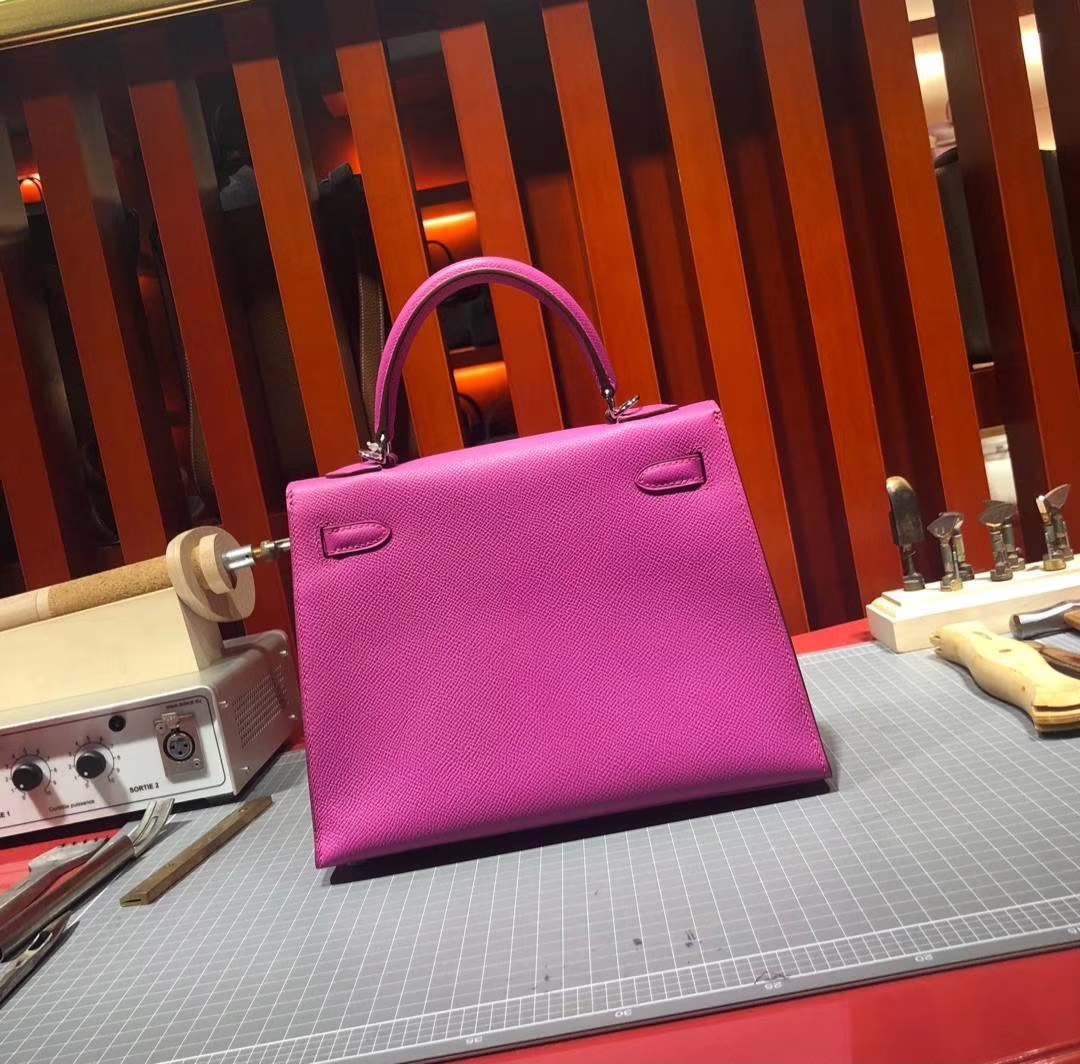 爱马仕Kelly女包 Hermes Kelly25CM 玉兰粉顶级Epsom牛皮凯莉包 银扣
