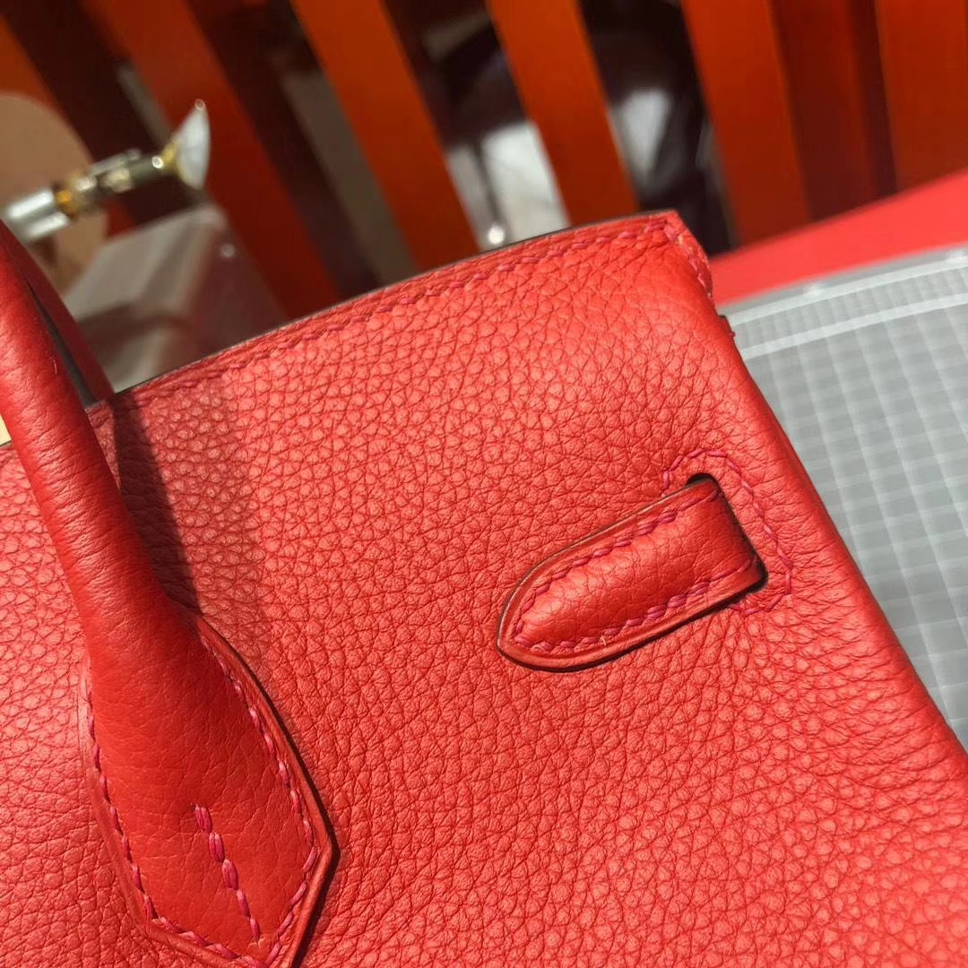 广州包包批发 Hermes爱马仕S5蕃茄红法国顶级荔枝纹牛皮铂金包Birkin25CM 金扣