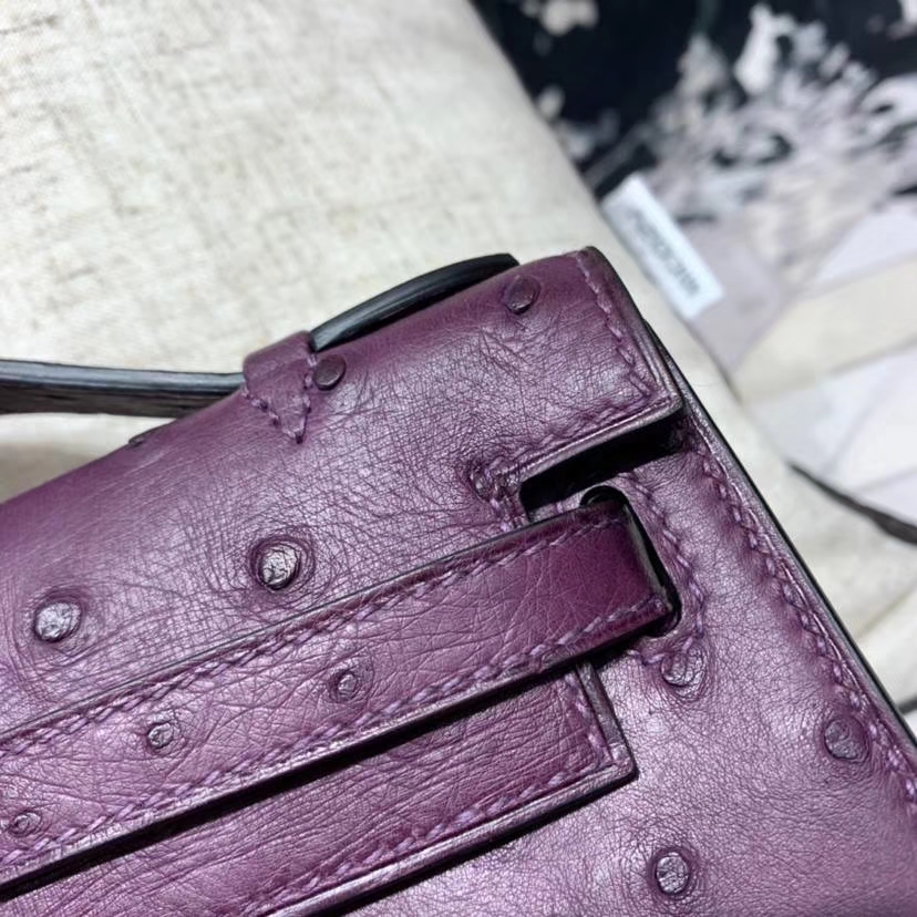 纯手工缝制 Hermes爱马仕P9海葵紫南非鸵鸟皮迷你凯莉包Minikelly手包22CM 银扣