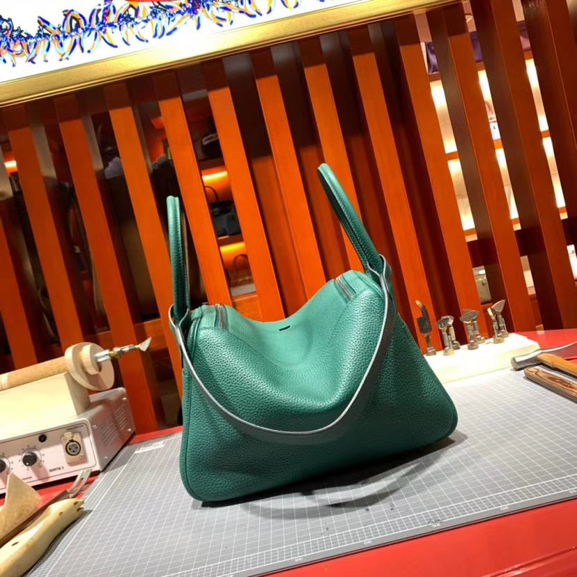 Hermes Lindy26CM 爱马仕原厂御用Togo牛皮琳迪包 孔雀绿 银扣