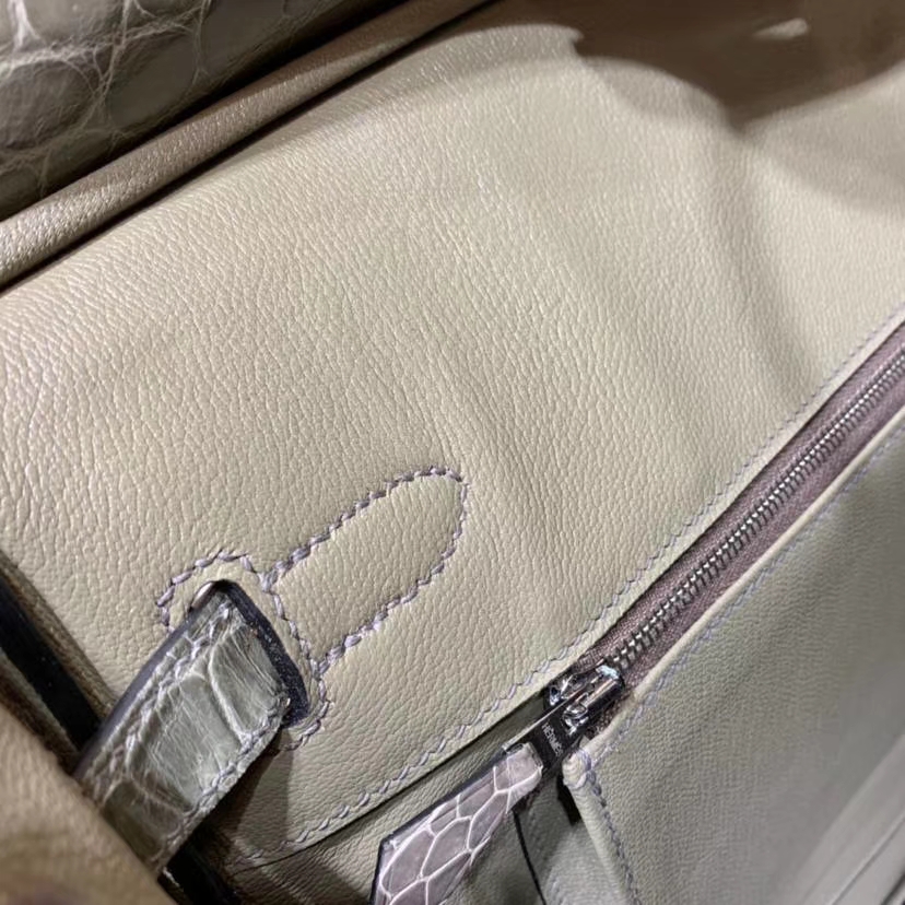 纯手工缝制 Hermes爱马仕亮光尼罗鳄鱼皮铂金包Birkin35CM 大象灰 银扣