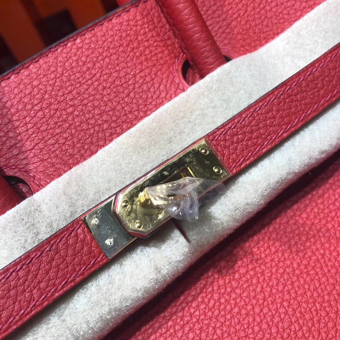 广州包包批发 Hermes爱马仕S5蕃茄红法国顶级荔枝纹牛皮铂金包Birkin25CM 金扣