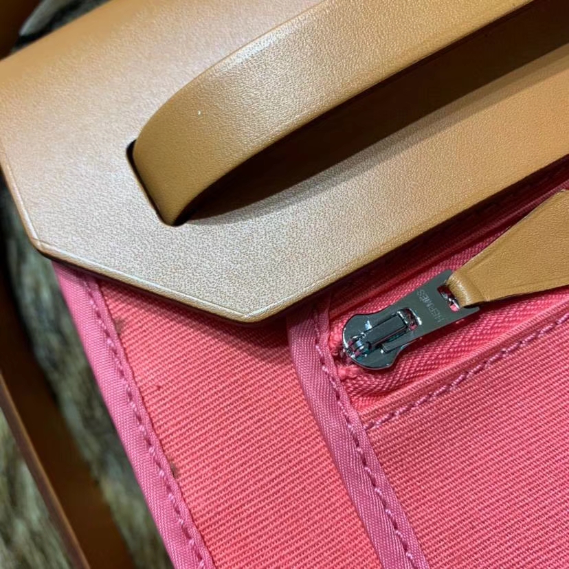 Hermes Herbag31CM 爱马仕唇膏粉帆布拼马鞍皮休闲手提单肩包