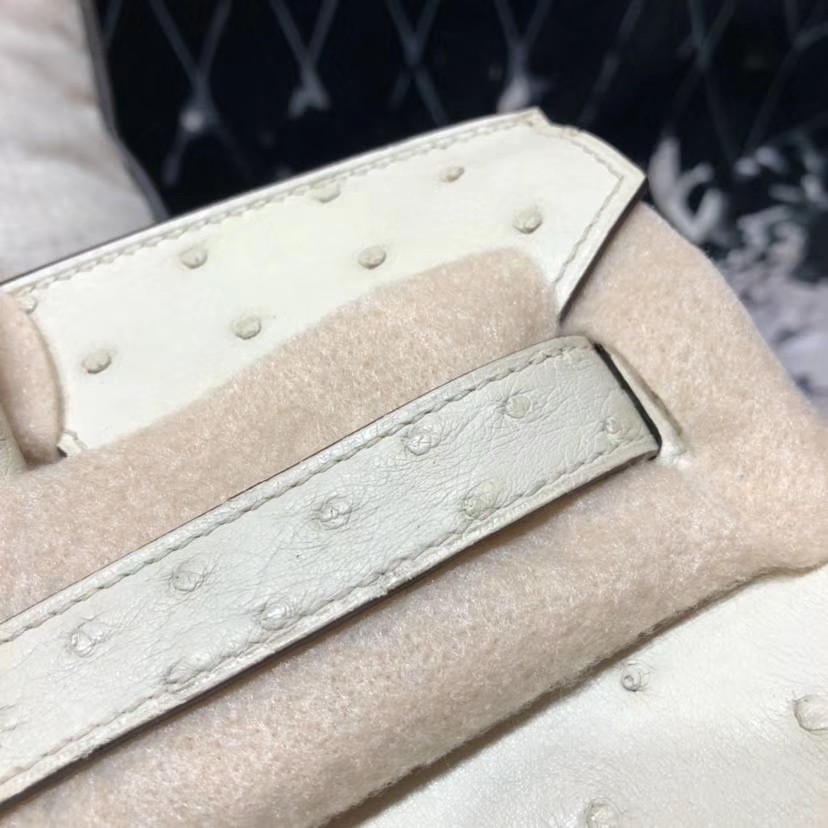 Hermes Birkin30CM 爱马仕羊毛白南非鸵鸟皮铂金包Birkin女包 金扣