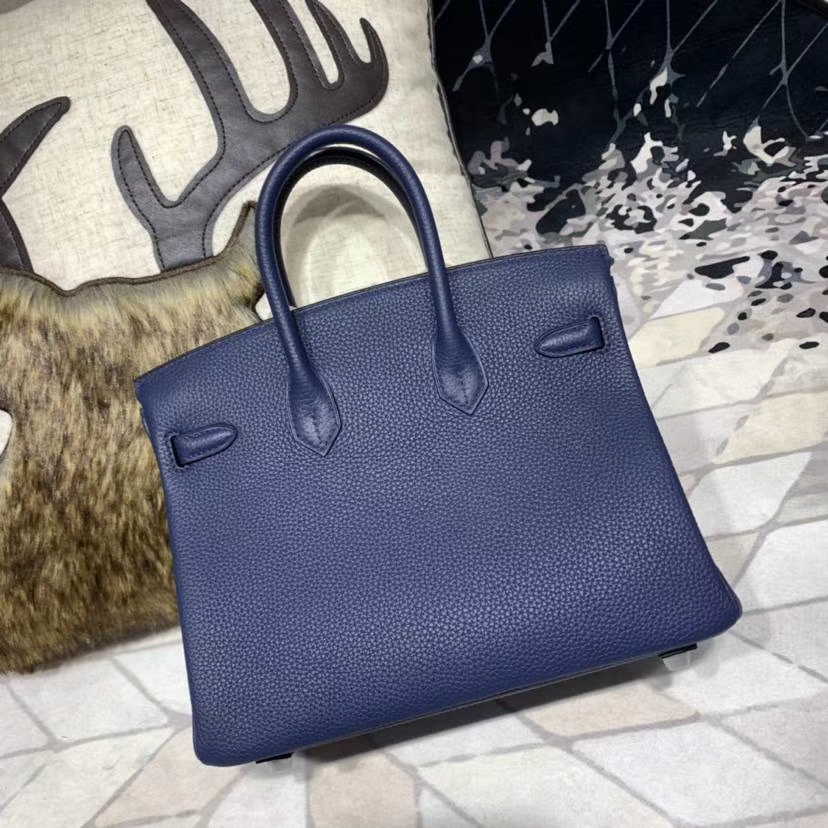 Hermes女包价格 爱马仕宝石蓝拼绿色Togo牛皮竖条铂金包Birkin25CM 银扣