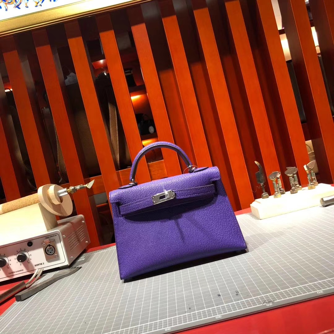 爱马仕手拿包 Hermes Minikelly2代 9W梦幻紫原厂御用山羊皮迷你凯莉包2代 银扣