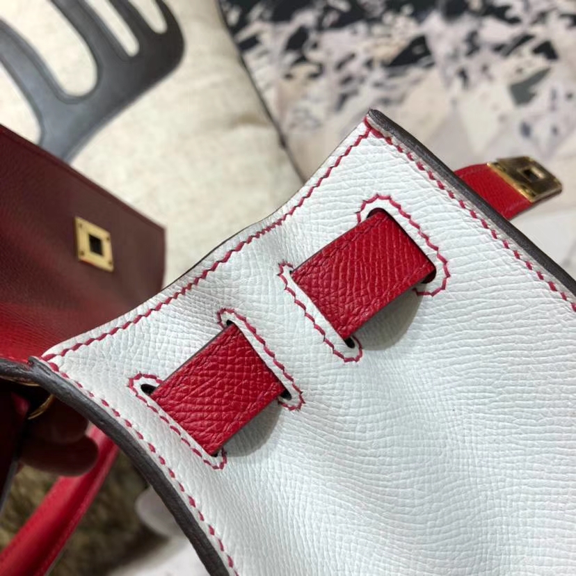Hermes Kelly28CM 爱马仕拼色凯莉包 大红拼纯白色 掌纹牛皮 金扣