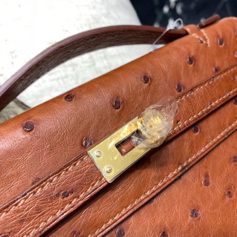 爱马仕迷你凯莉包 Hermes古铜色南非鸵鸟皮Minikelly Pochette22CM 金扣