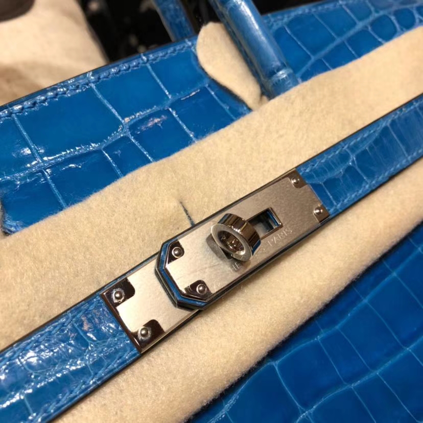 Hermes Birkin30CM 爱马仕希腊蓝亮光尼罗鳄鱼皮铂金包 银扣