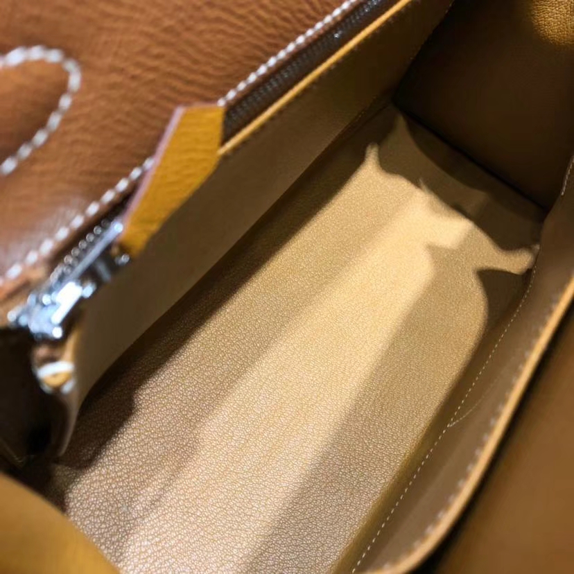 Hermes Kelly28CM 爱马仕土黄色顶级掌纹牛皮凯莉包Kelly女包 银扣