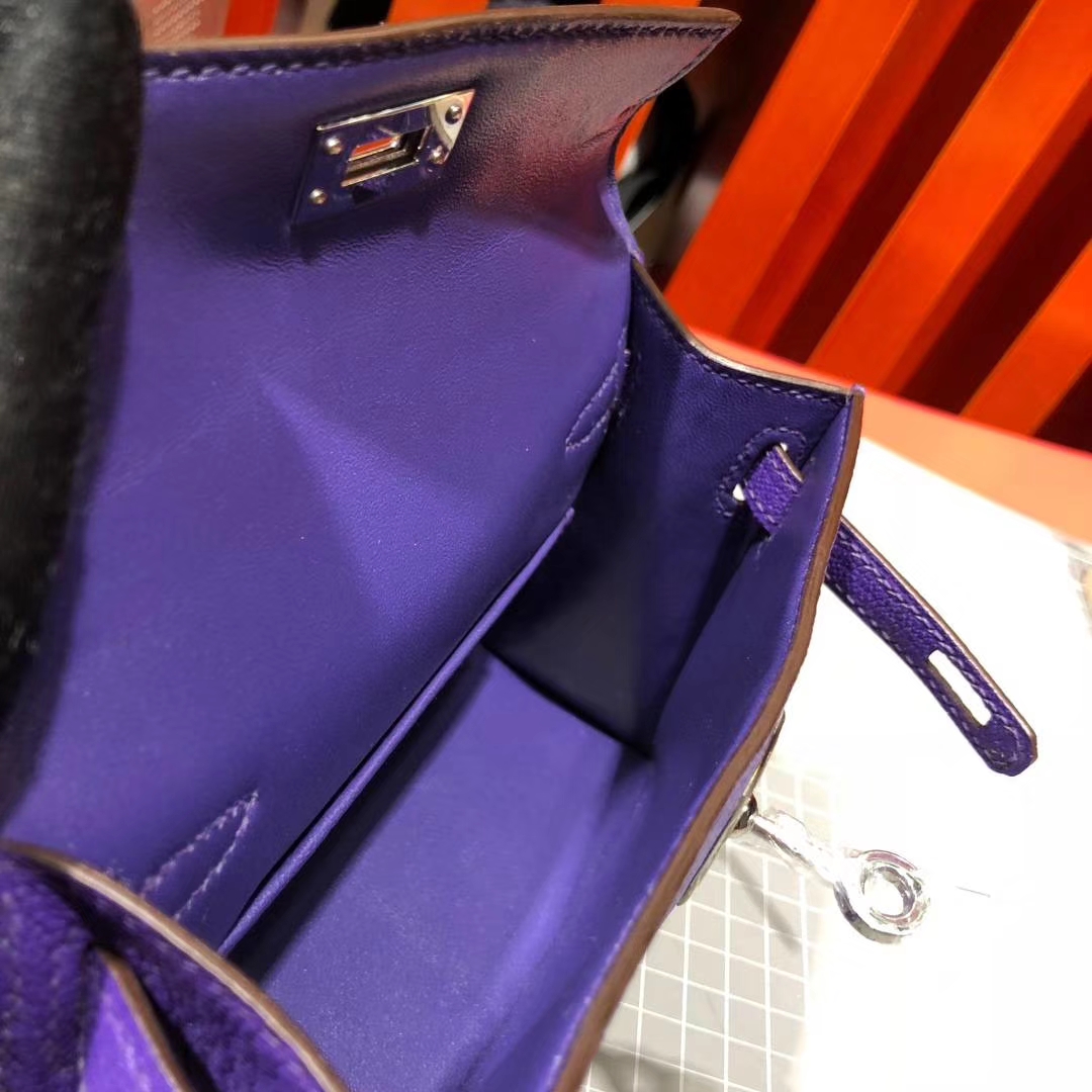爱马仕手拿包 Hermes Minikelly2代 9W梦幻紫原厂御用山羊皮迷你凯莉包2代 银扣