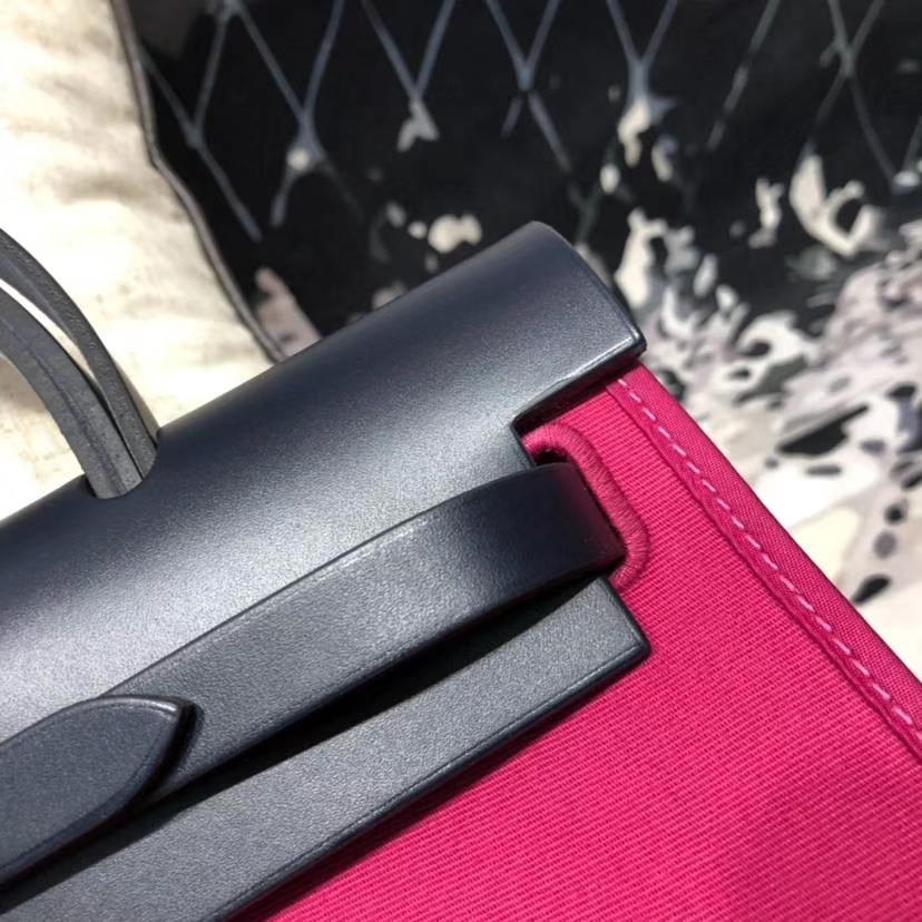 爱马仕新款女包 Hermes Herbag 玫瑰紫帆布拼皮手提单肩包