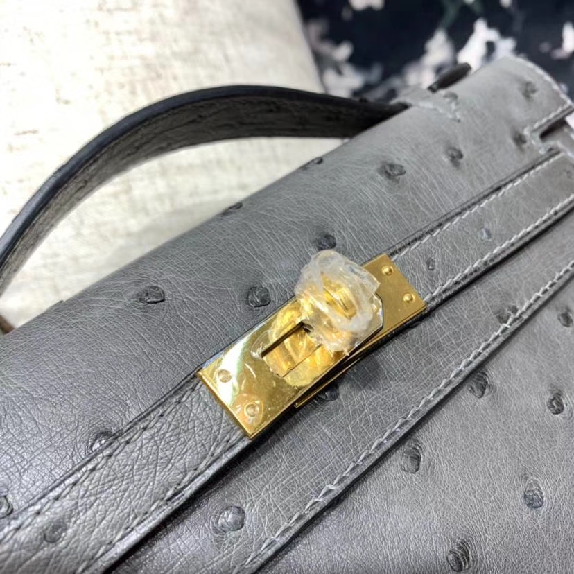爱马仕迷你凯莉包 Hermes Minikelly22CM 8F锡器灰南非鸵鸟皮 金扣