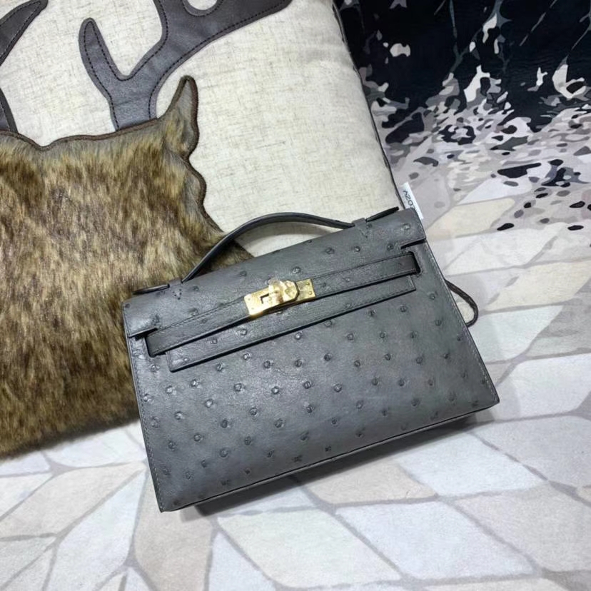 爱马仕迷你凯莉包 Hermes Minikelly22CM 8F锡器灰南非鸵鸟皮 金扣
