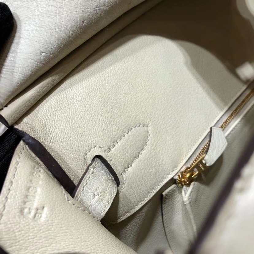 Hermes Birkin30CM 爱马仕羊毛白南非鸵鸟皮铂金包Birkin女包 金扣