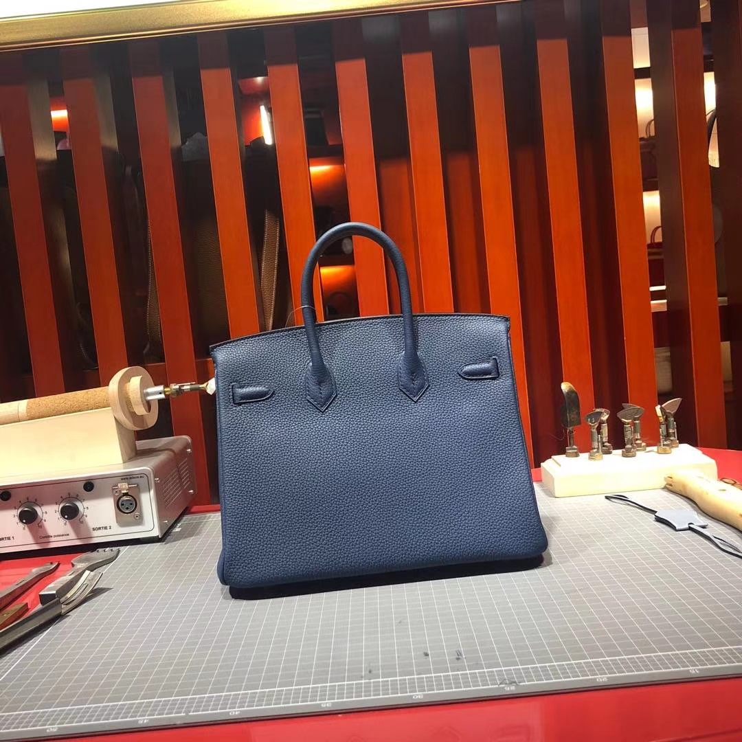Hermes Birkin25CM 爱马仕法国顶级Togo牛皮铂金包 73宝石蓝 金扣