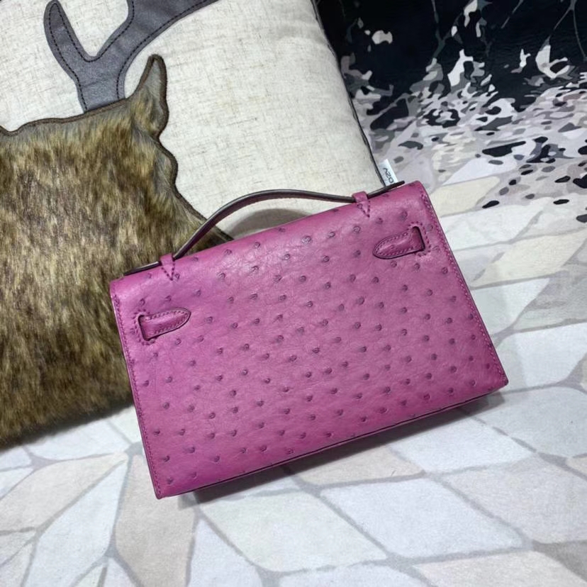 Hermes Minikelly Pochette22CM 爱马仕南非鸵鸟皮迷你凯莉包 梅紫色 金扣