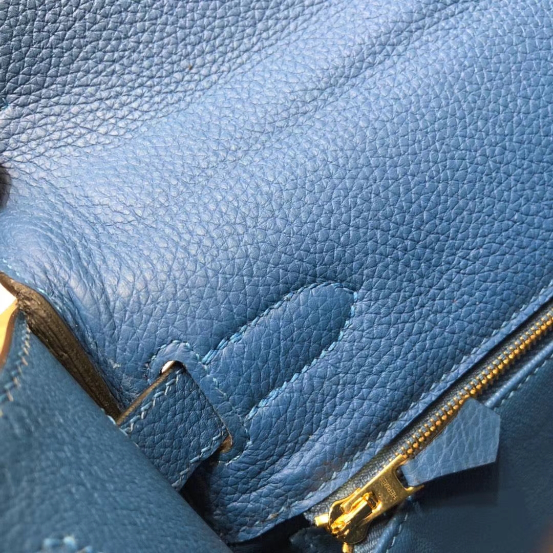 爱马仕凯莉包价格 Hermes Kelly32CM 希腊蓝原厂御用小牛皮Kelly女包 金扣