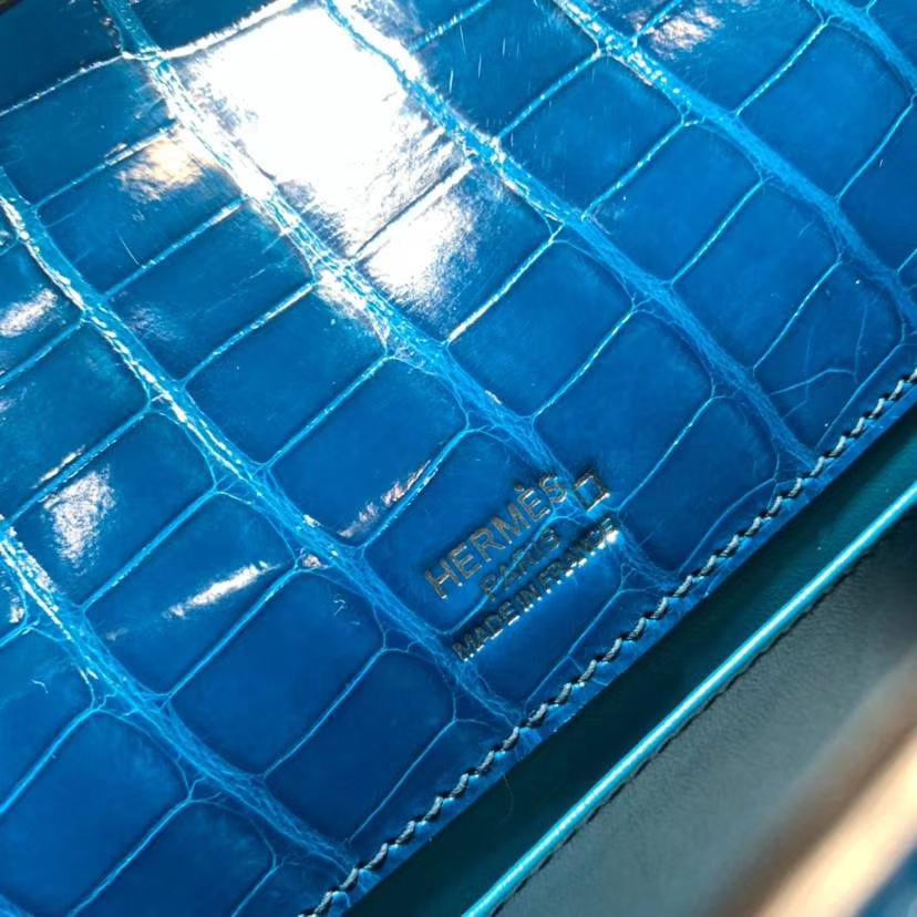 Hermes Minikelly22CM 爱马仕希腊蓝亮光鳄鱼皮迷你凯莉包手包 金扣