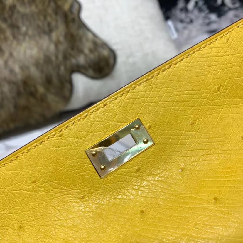 爱马仕迷你凯莉包价格 Hermes Minikelly22CM 琥珀黄南非鸵鸟皮 金扣
