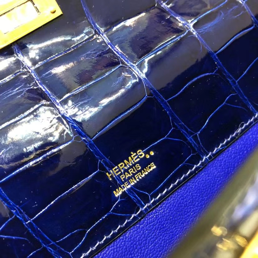 爱马仕晚宴包 Hermes Kelly Cut 电光蓝亮光尼罗鳄鱼皮手拿包 金扣