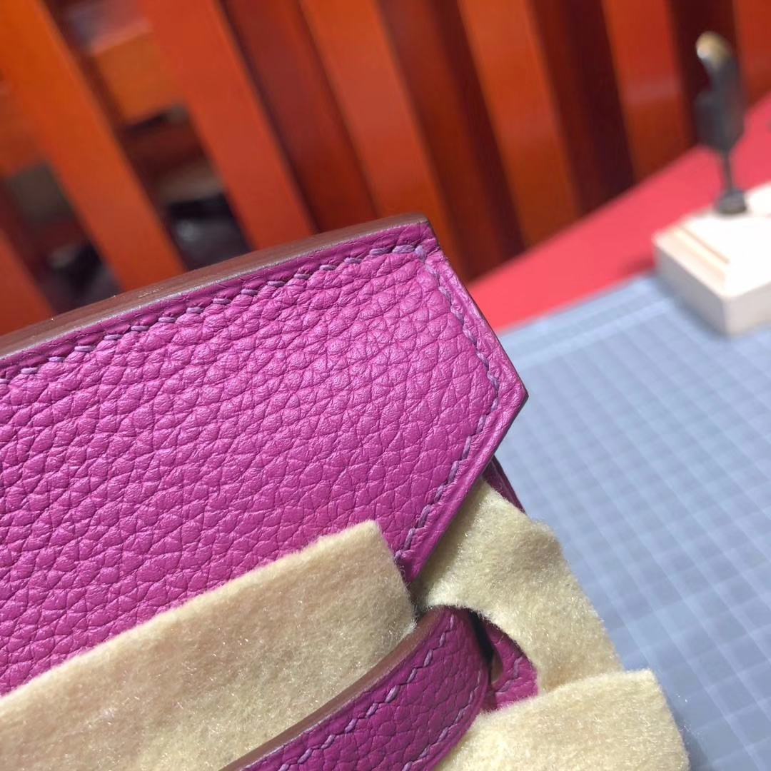 Hermes包包定制 爱马仕L3玫瑰紫法国顶级Togo皮铂金包Birkin25CM 金扣