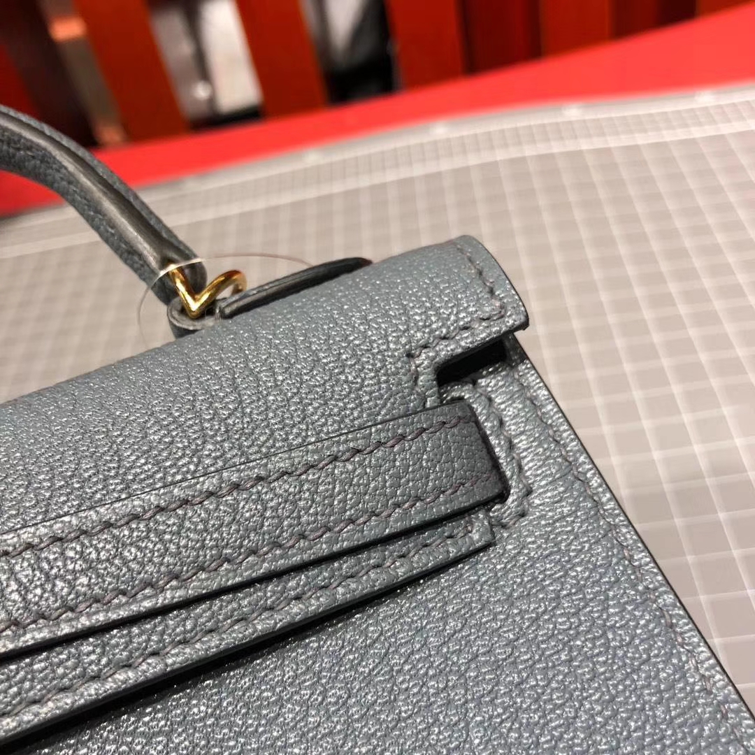 爱马仕迷你凯莉包2代 Hermes Minikelly2代 N7风暴蓝顶级山羊皮 金扣