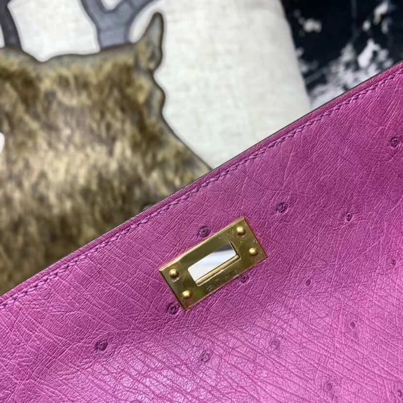 Hermes Minikelly Pochette22CM 爱马仕南非鸵鸟皮迷你凯莉包 梅紫色 金扣