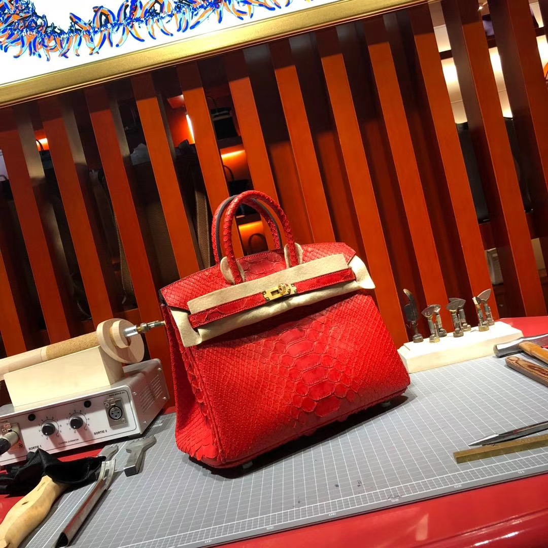 爱马仕Birkin女包 Hermes Birkin25CM S5番茄红非洲蛇皮铂金包 金扣