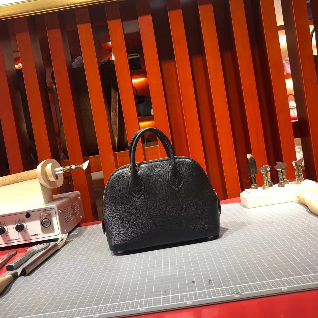 爱马仕保龄球包迷你款 Hermes Mini Bolide 黑色进口顶级山羊皮 金扣
