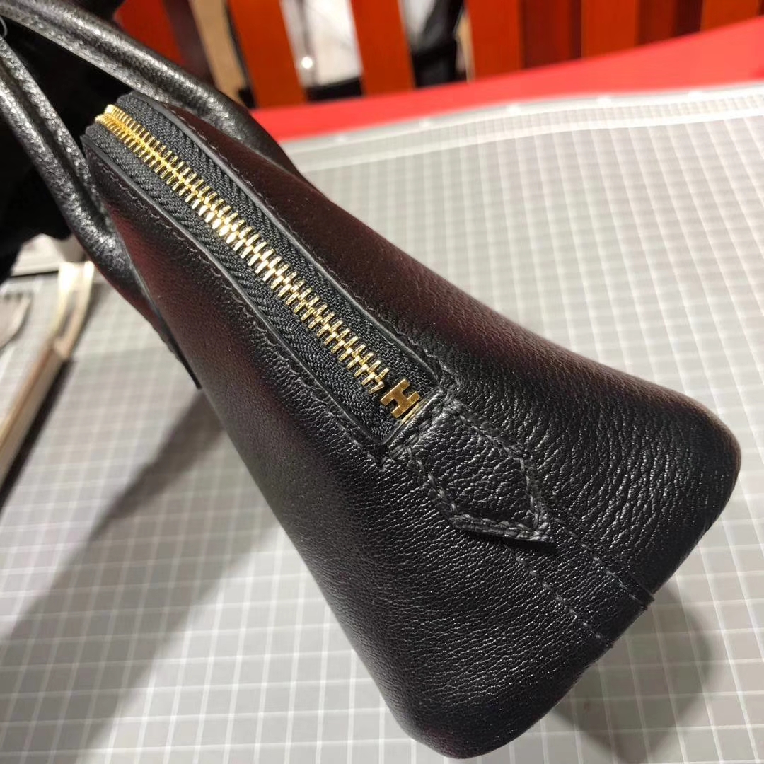 爱马仕保龄球包迷你款 Hermes Mini Bolide 黑色进口顶级山羊皮 金扣