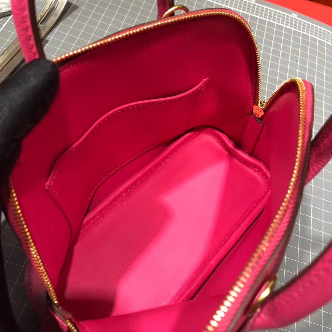 爱马仕迷你保龄球包 Hermes Mini Bolide玫红色山羊皮新款手提女包 金扣