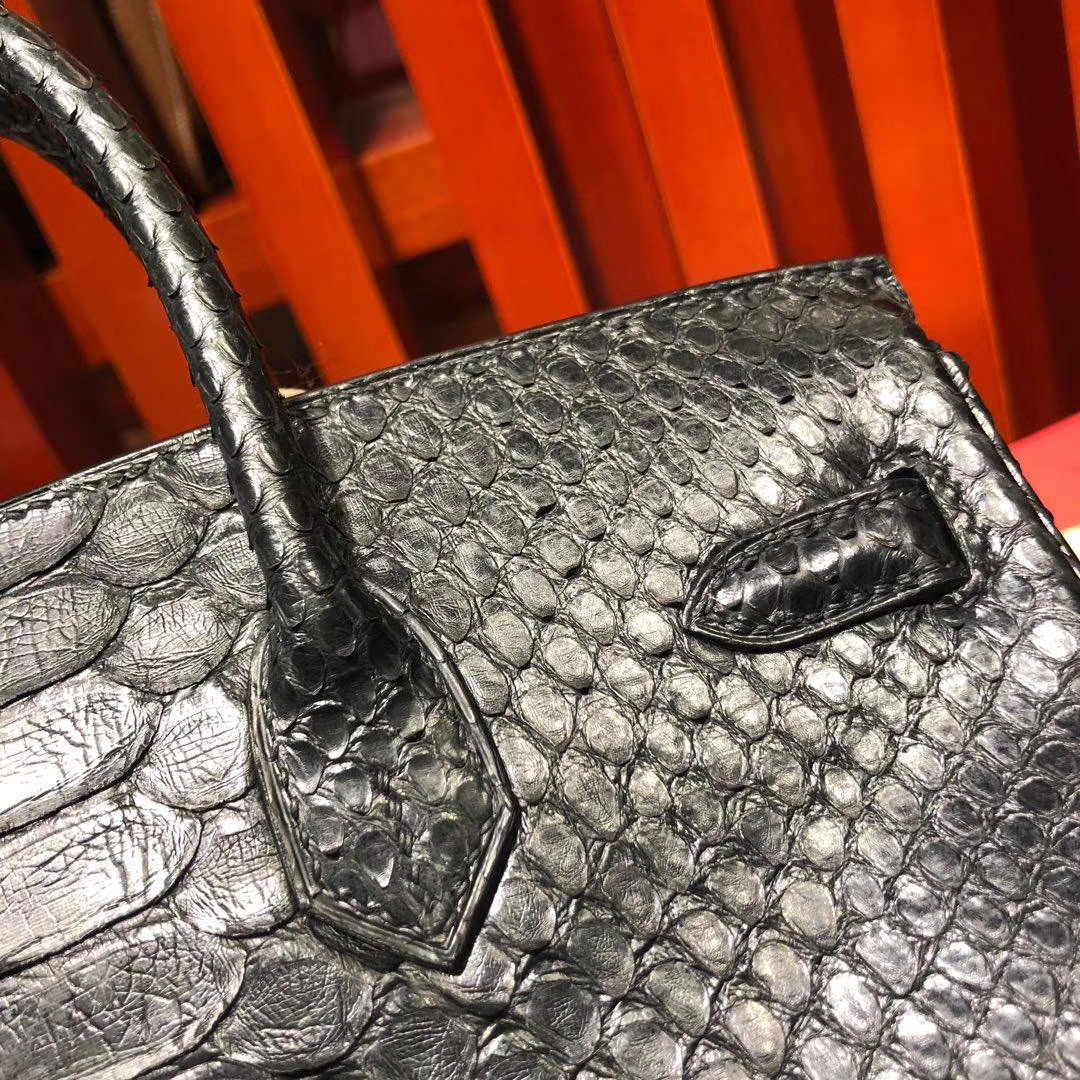 Hermes Birkin25CM 爱马仕89黑色Noir非洲蛇皮铂金包 金扣