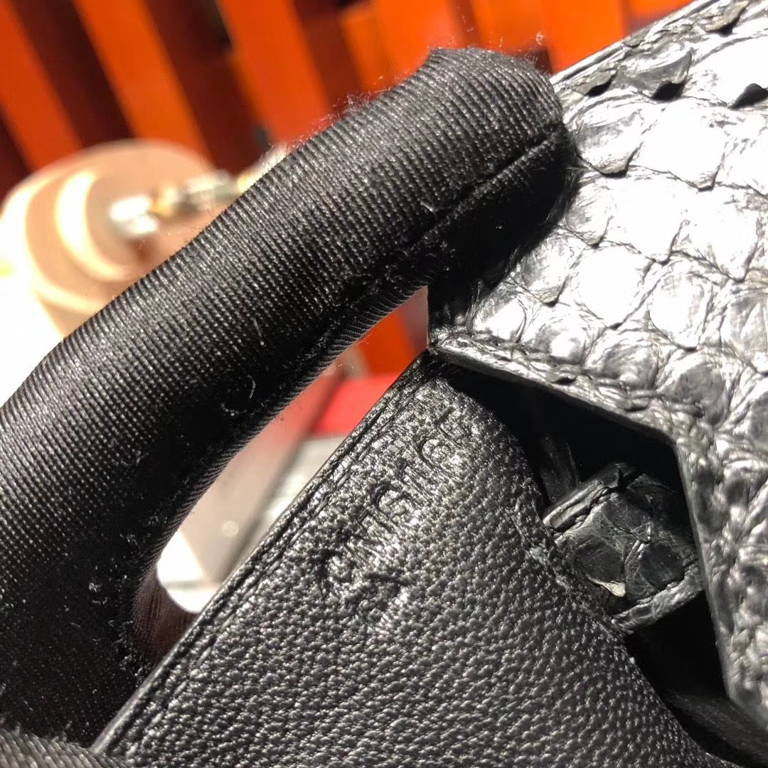 Hermes Birkin25CM 爱马仕89黑色Noir非洲蛇皮铂金包 金扣