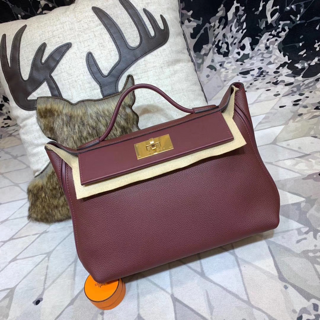 爱马仕包包定制 Hermes Kelly24-24 酒红色Togo牛皮新款凯莉女包 金扣