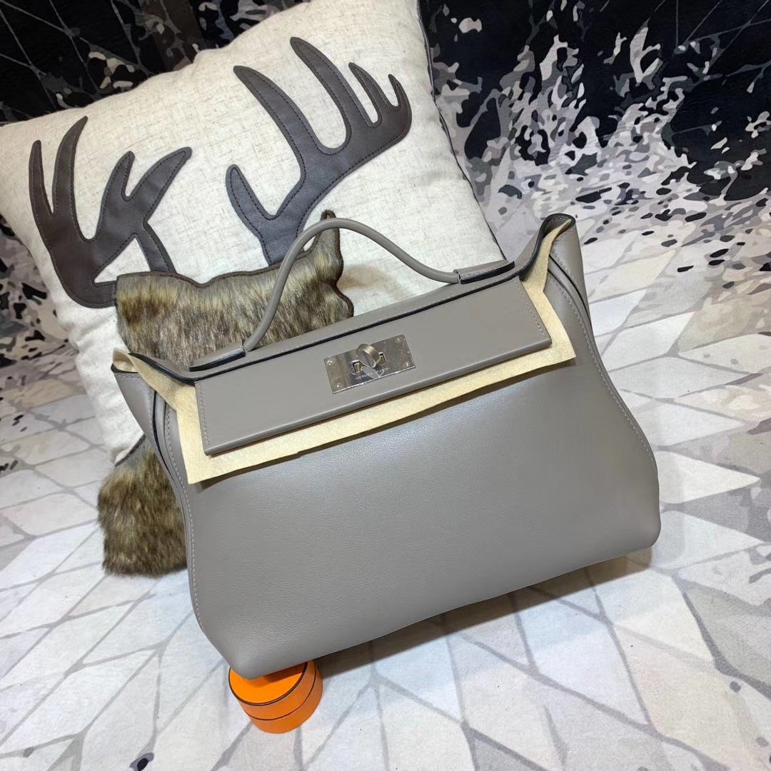 爱马仕女包价格 Hermes Kelly24-24 浅灰色Swift牛皮新款凯莉包 银扣