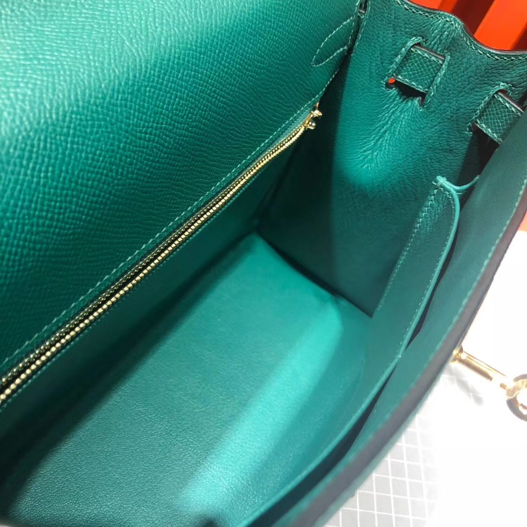 Hermes包包官网 爱马仕Z6孔雀绿原厂掌纹牛皮外缝凯莉包Kelly28CM 银扣