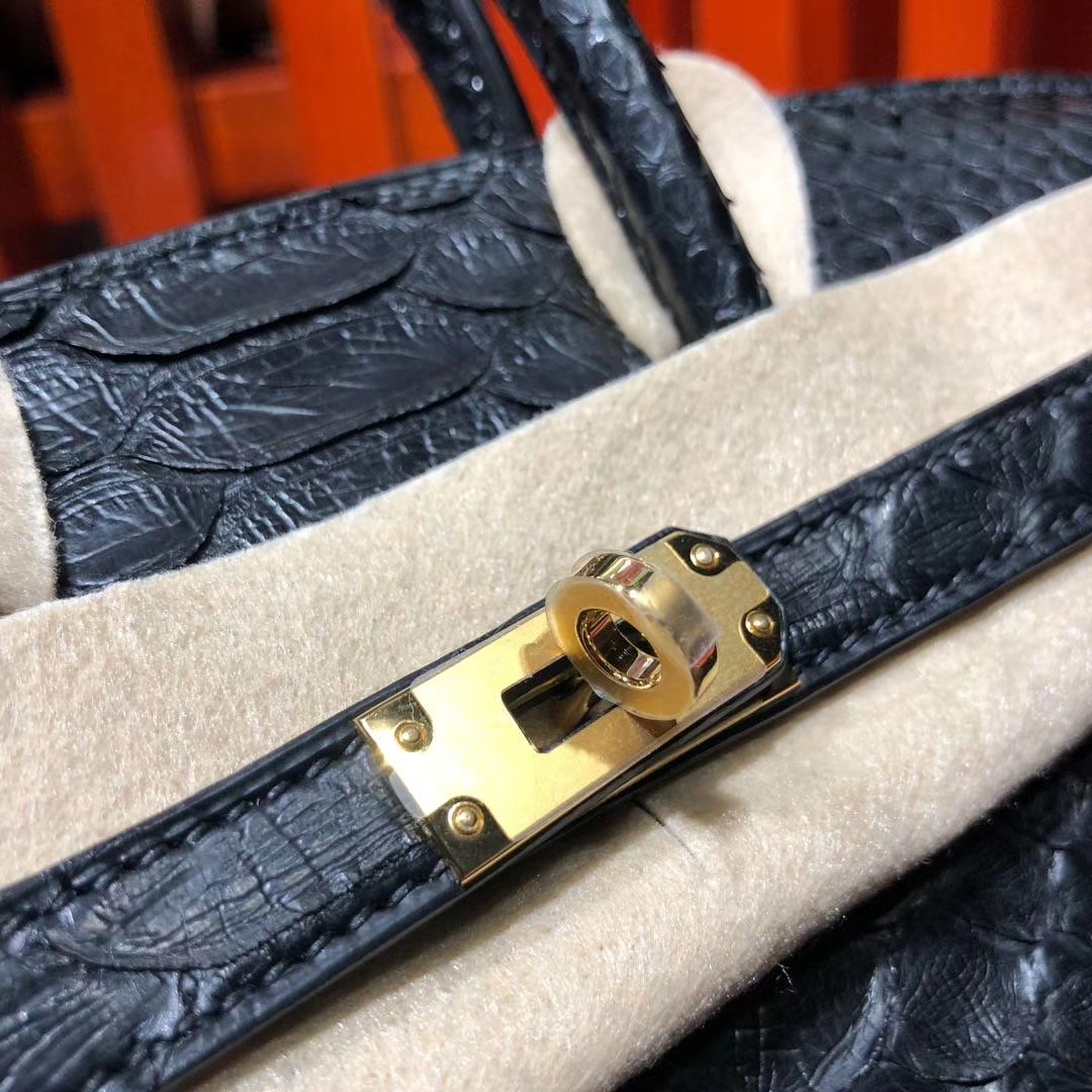 Hermes Birkin25CM 爱马仕89黑色Noir非洲蛇皮铂金包 金扣