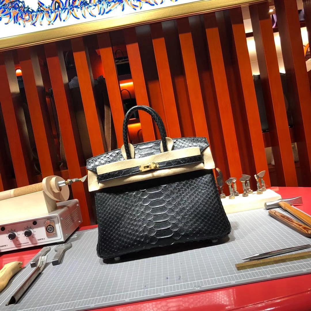 Hermes Birkin25CM 爱马仕89黑色Noir非洲蛇皮铂金包 金扣