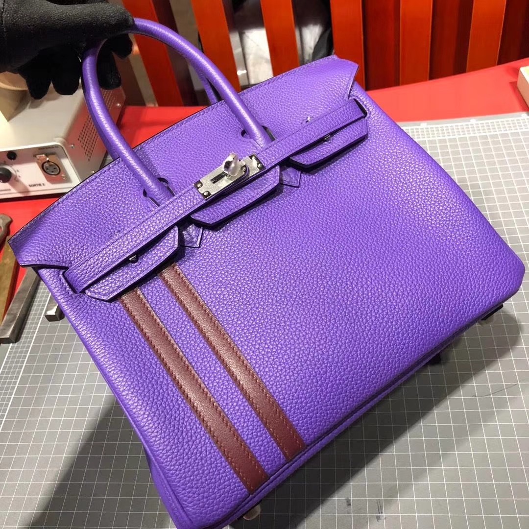 爱马仕2018AW秋冬限量版铂金包 9W梦幻紫拼57波尔多酒红Birkin25CM 银扣
